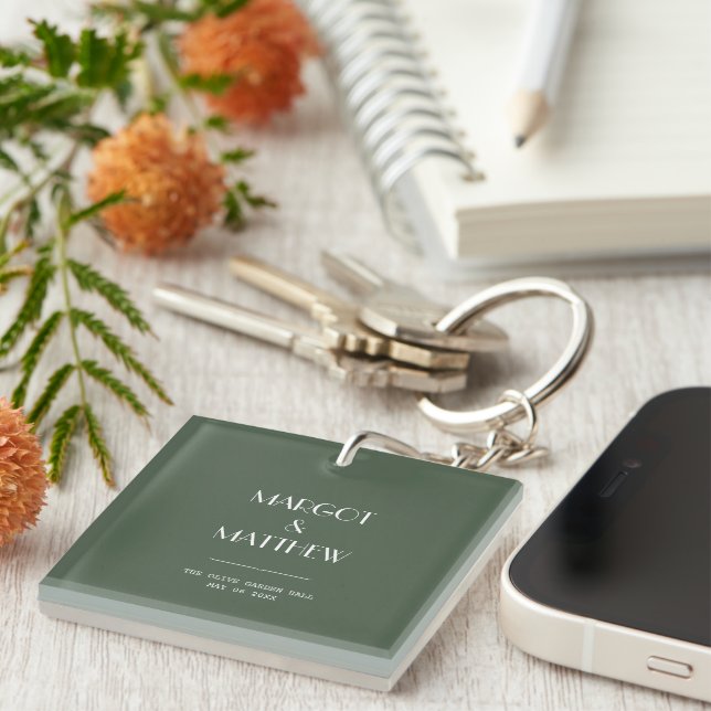 Dark Moss Green Minimalist Scandi Wedding Keychain (Front Right)