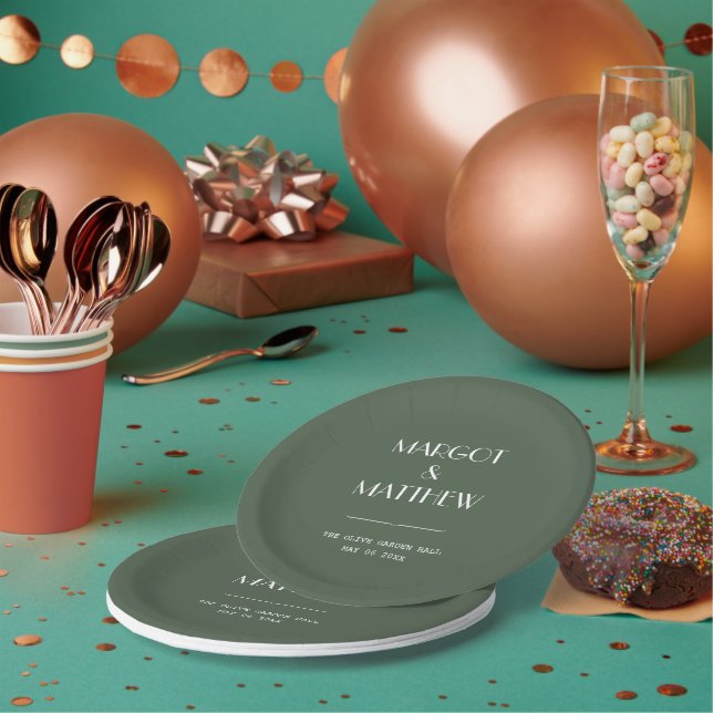 Dark Moss Green Minimalist Scandi Wedding Paper Plates (Multi)
