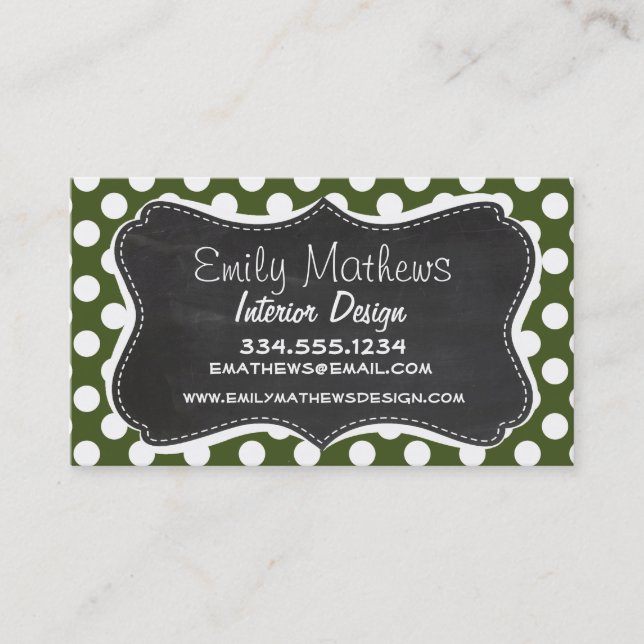 Dark Moss Green Polka Dots Business Card (Front)