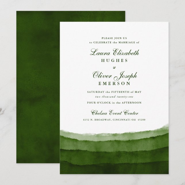 Dark Moss Green Watercolor Wedding Invitations (Front/Back)