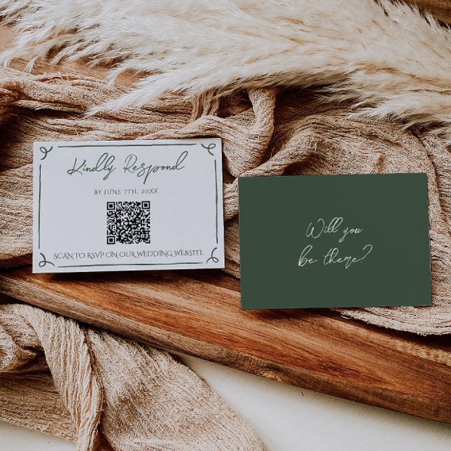 Dark Moss Green Whimsical Boho QR Code Wedding  RSVP Card (Creator Uploaded)