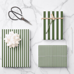 Dark Moss Green & White Stripes Wrapping Paper Sheets