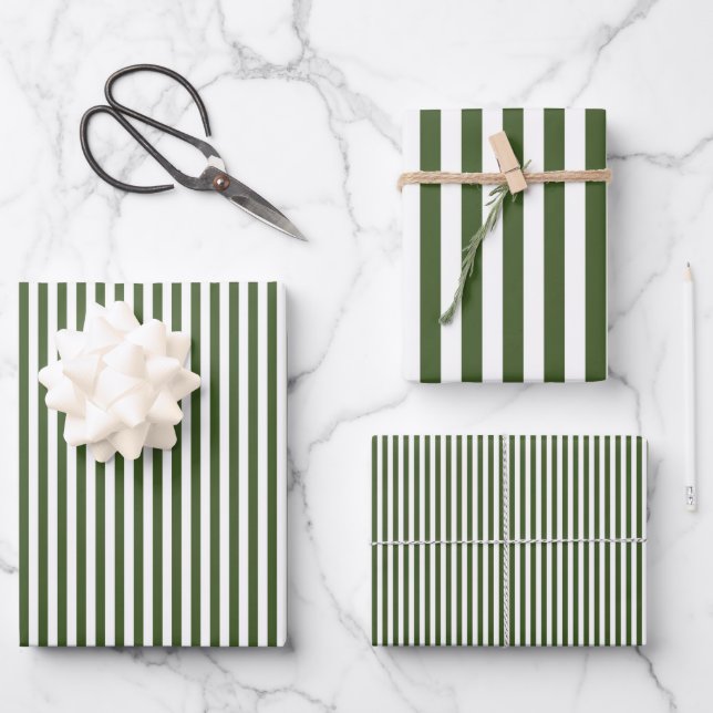 Dark Moss Green & White Stripes Wrapping Paper Sheets (Front)