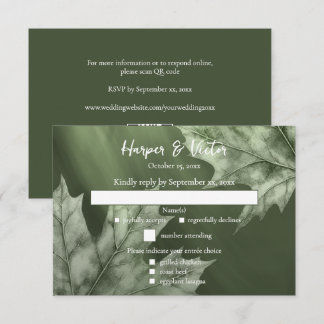 dark moss green with maple leaves accent QR code RSVP Card