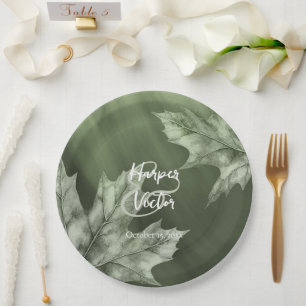 dark moss green with maple leaves fall wedding paper plates
