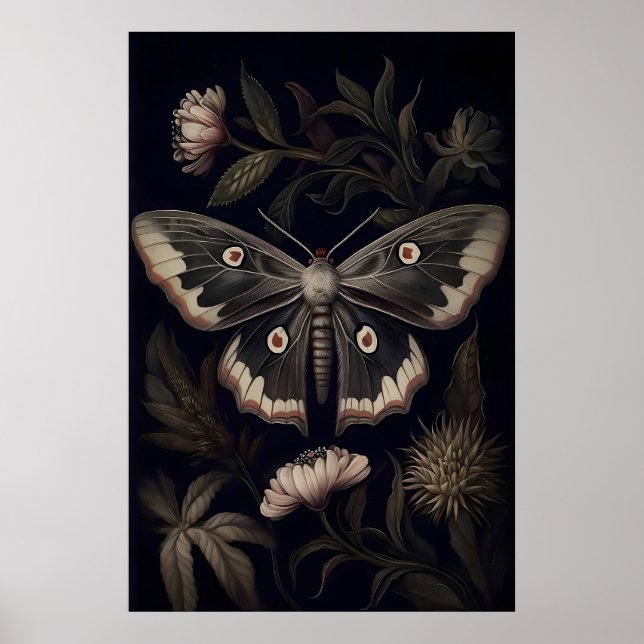 Dark Moth Botanical Print, Goblincore Butterfly Poster (Front)