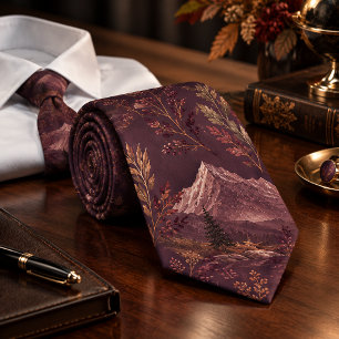 Dark Mountain Botanical Autumn Pattern Neck Tie