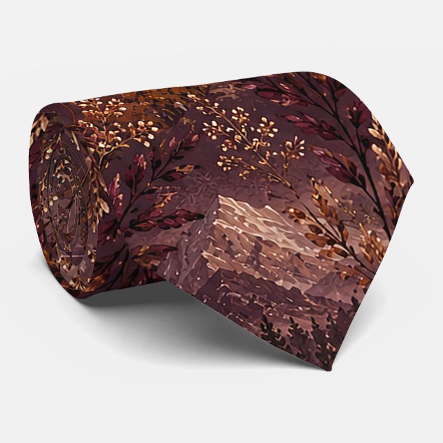 Dark Mountain Botanical Autumn Pattern Neck Tie (Rolled)