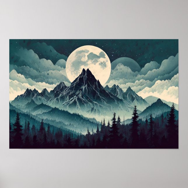 Dark Mountain with large moon Poster (Front)