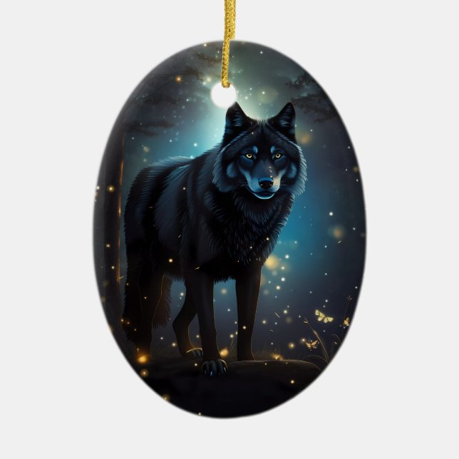 Dark Mysterious Black Wolf  Ceramic Ornament (Front)