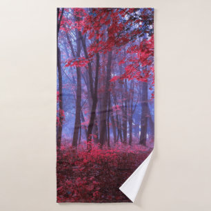 Dark mysterious forest in pink tones. Mystical aut Bath Towel