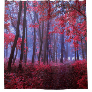 Dark mysterious forest in pink tones. Mystical aut Shower Curtain