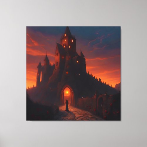 Dark Mysterious Stone Tower at Sunset Fantasy Canvas Print