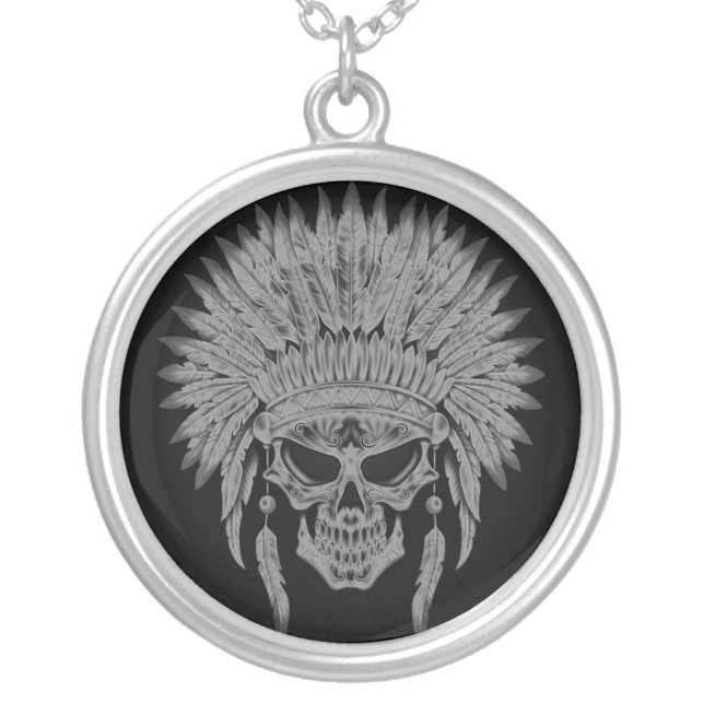 Dark Native Skull Silver Plated Necklace (Front)
