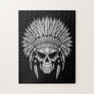 Dark Native Sugar Skull with Headdress Jigsaw Puzzle