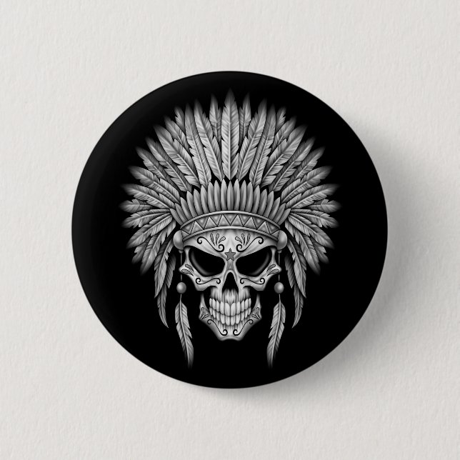 Dark Native Sugar Skull with Headdress Pinback Button (Front)