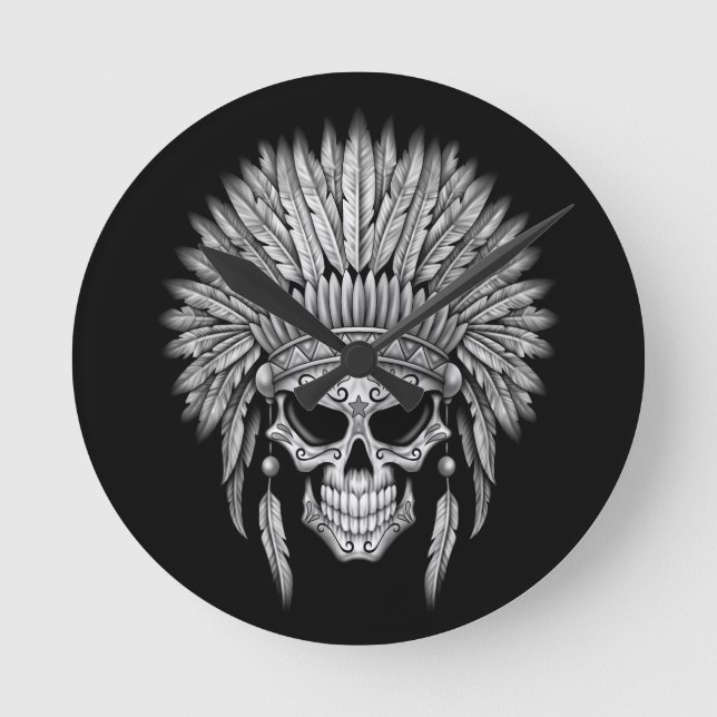 Dark Native Sugar Skull with Headdress Round Clock (Front)