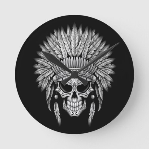 Dark Native Sugar Skull with Headdress Round Clock