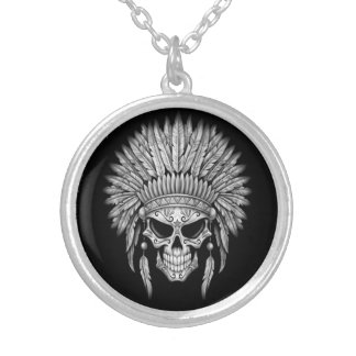 Dark Native Sugar Skull with Headdress Silver Plated Necklace