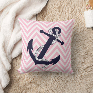 Dark Nautical Blue Anchor Pink Zigzag Chevron Throw Pillow