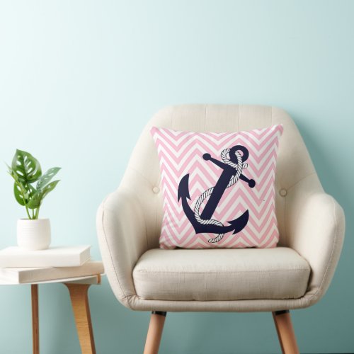 Dark Nautical Blue Anchor Pink Zigzag Chevron Throw Pillow