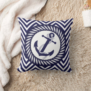 Dark Nautical Blue Anchor Zigzag Chevron Pattern Throw Pillow