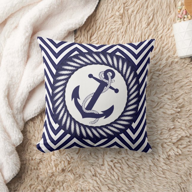 Dark Nautical Blue Anchor Zigzag Chevron Pattern Throw Pillow (Blanket)