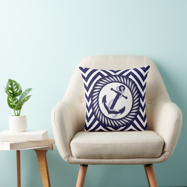 Dark Nautical Blue Anchor Zigzag Chevron Pattern Throw Pillow (Chair)