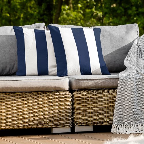 Dark Nautical Navy Blue White Bold Mod Stripes Outdoor Pillow