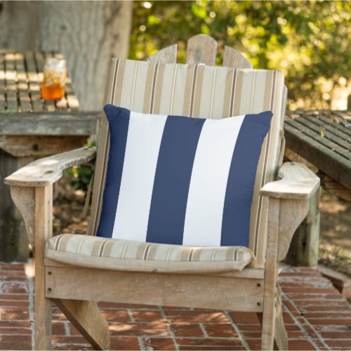 Dark Nautical Navy Blue White Bold Mod Stripes Outdoor Pillow