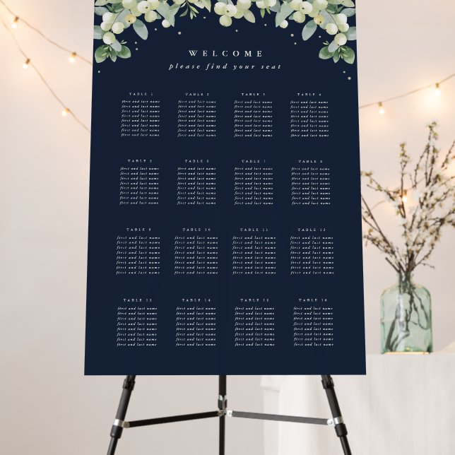 Dark Navy 16 Tables of 8 Wedding Seating Chart Foam Board (In Situ (Stand))