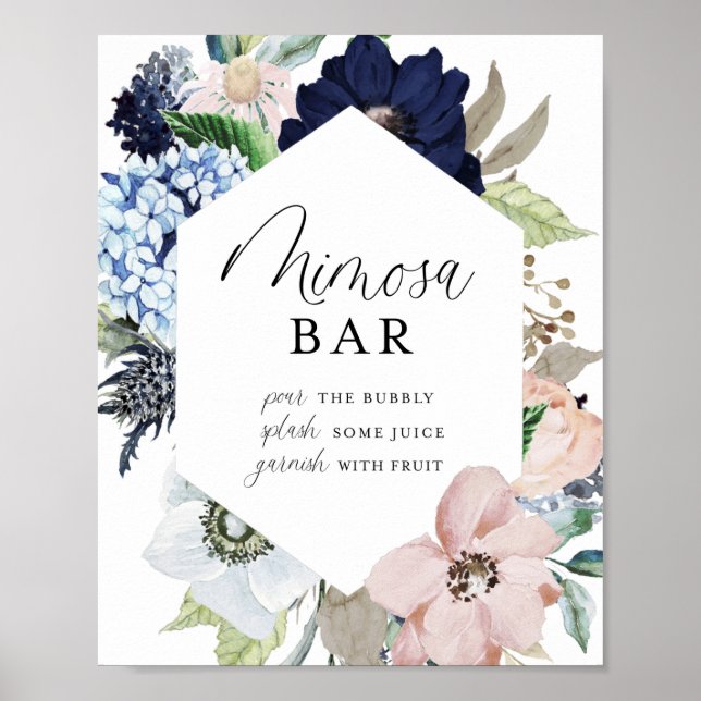 Dark Navy and Blush Floral Frame Mimosa Bar Poster (Front)
