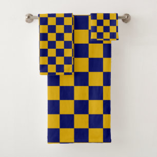 Dark Navy and Mustard Yellow Checkerboard Bath Towel Set