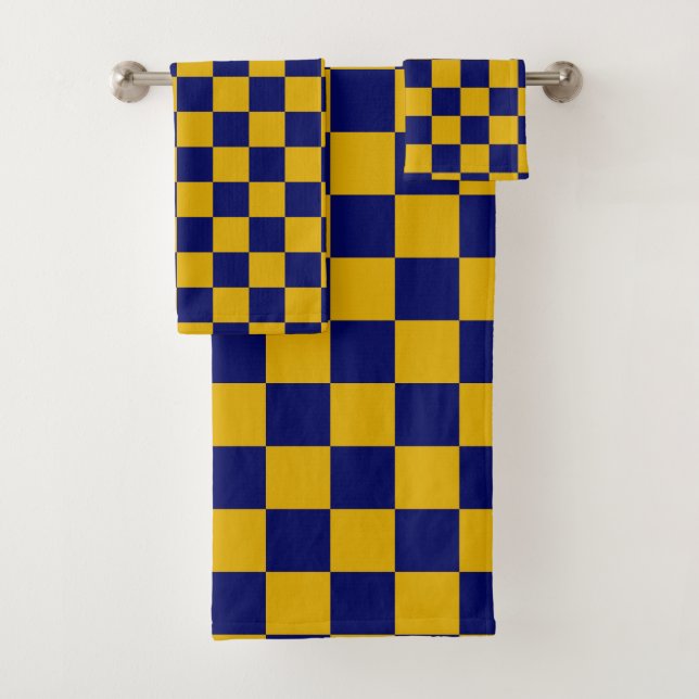 Dark Navy and Mustard Yellow Checkerboard Bath Towel Set (Insitu)