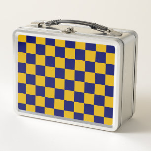 Dark Navy and Mustard Yellow Checkerboard Metal Lunch Box