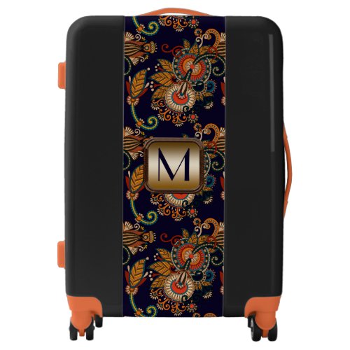 Dark Navy and Red Paisley Pattern Monogrammed Luggage