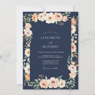 Dark Navy Apricot Floral Wedding Invitation