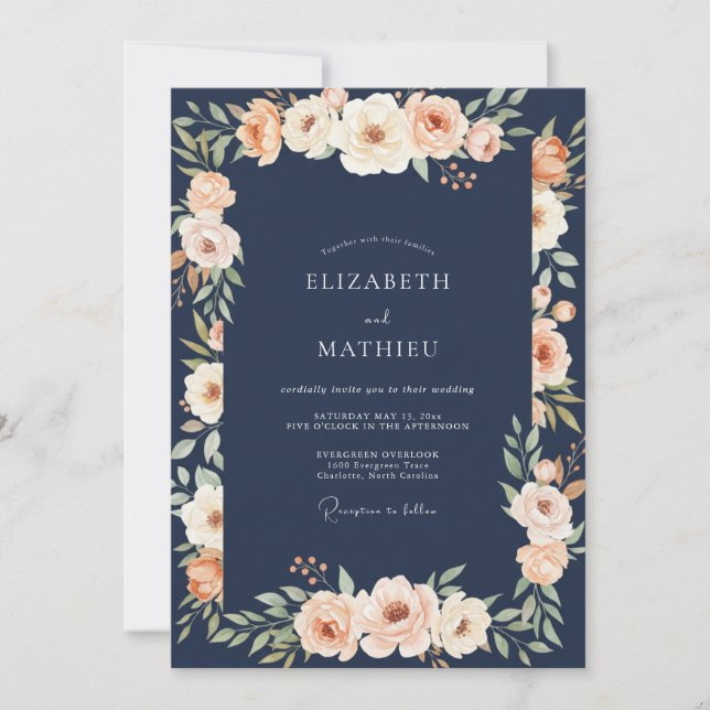 Dark Navy Apricot Floral Wedding Invitation (Front)