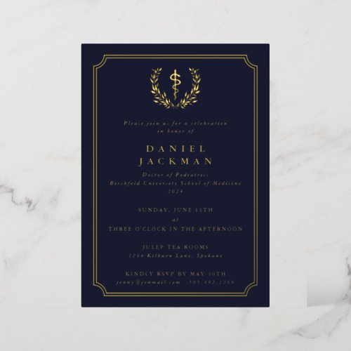 Dark Navy Asclepius Medical School Graduation Foil Invitation