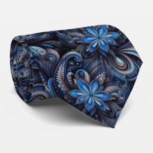 Dark Navy Azure Blue Black Paisley Art Pattern Neck Tie