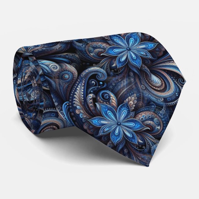 Dark Navy Azure Blue Black Paisley Art Pattern Neck Tie (Rolled)