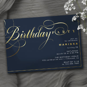 Dark Navy Blue and Gold Modern Vintage Birthday Foil Invitation