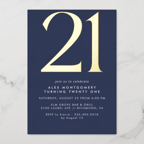 Dark Navy Blue and Gold   Sleek 21st Birthday Foil Invitation