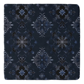 Dark Navy Blue and Gray Ornamental Floral Symmetry Trivet