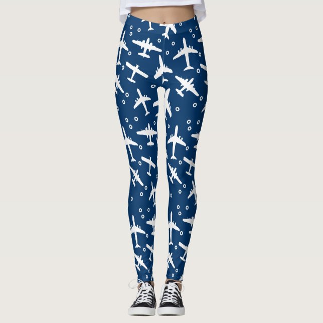 Dark Navy Blue and White Aircraft Pattern Leggings (Front)