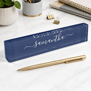Dark Navy Blue and White Girly Signature Desk Name Plate