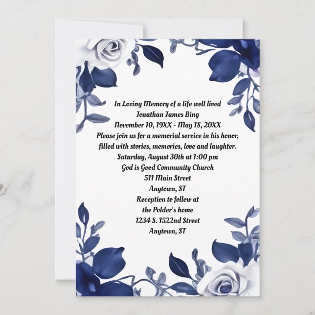 Dark Navy Blue and White Memorial Invitation (Front)