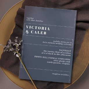 Dark Navy Blue and White Modern Minimal Wedding Invitation