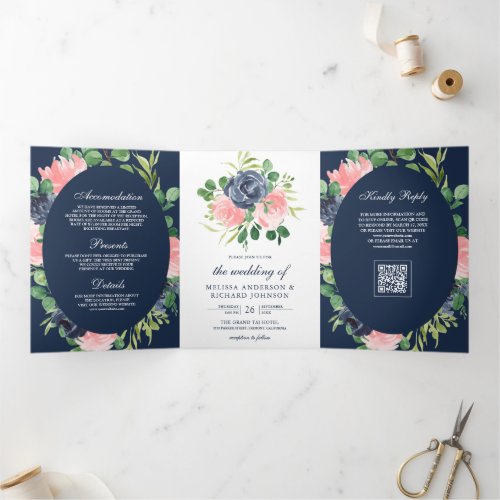 Dark Navy Blue Blush Pink Floral QR Code Wedding Tri-Fold Invitation