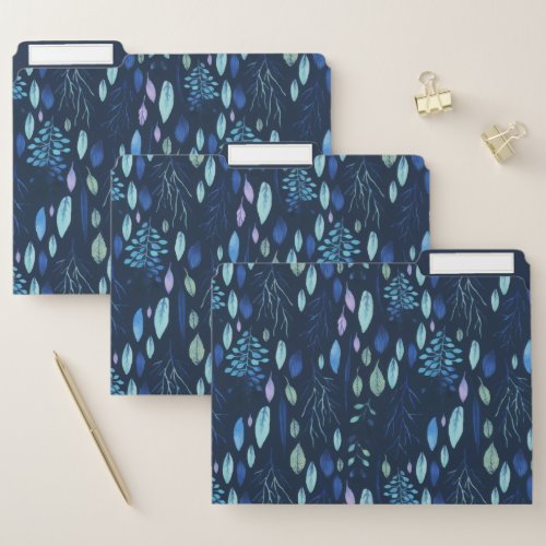 Dark Navy Blue Botanical Leaves Garden Watercolor File Folder